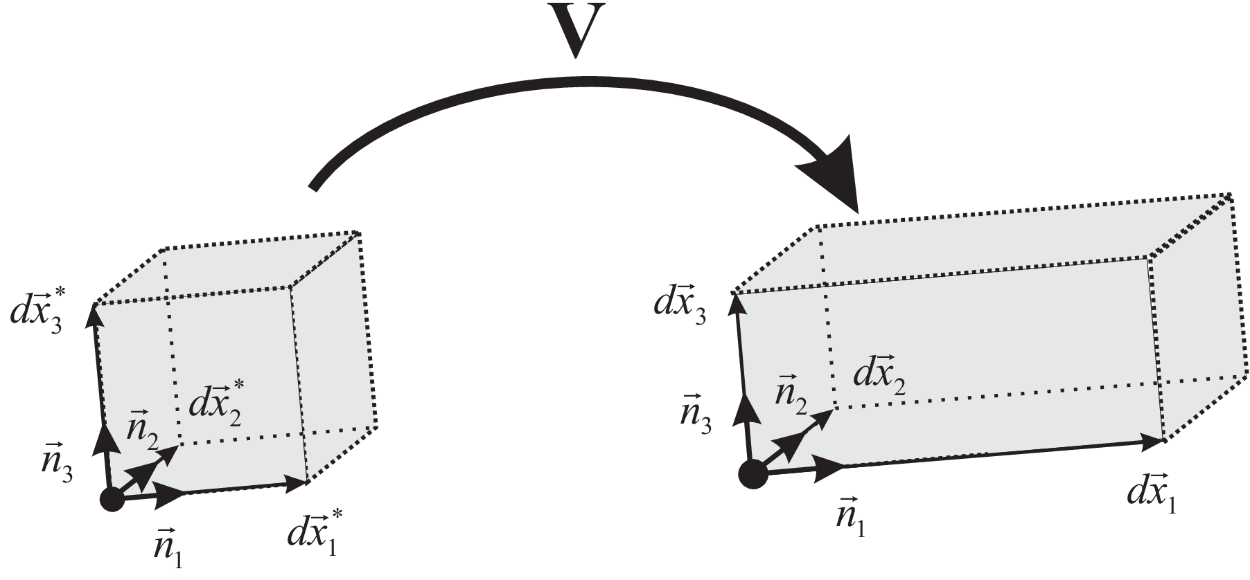 Pure stretch of a block, spanned by eigenvectors of \T{V}, before deformation by \T{V}.