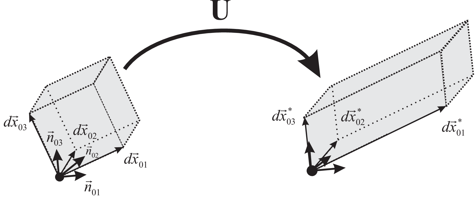 Simultaneous stretch and shear of a arbitrary block, after deformation by \T{U}.