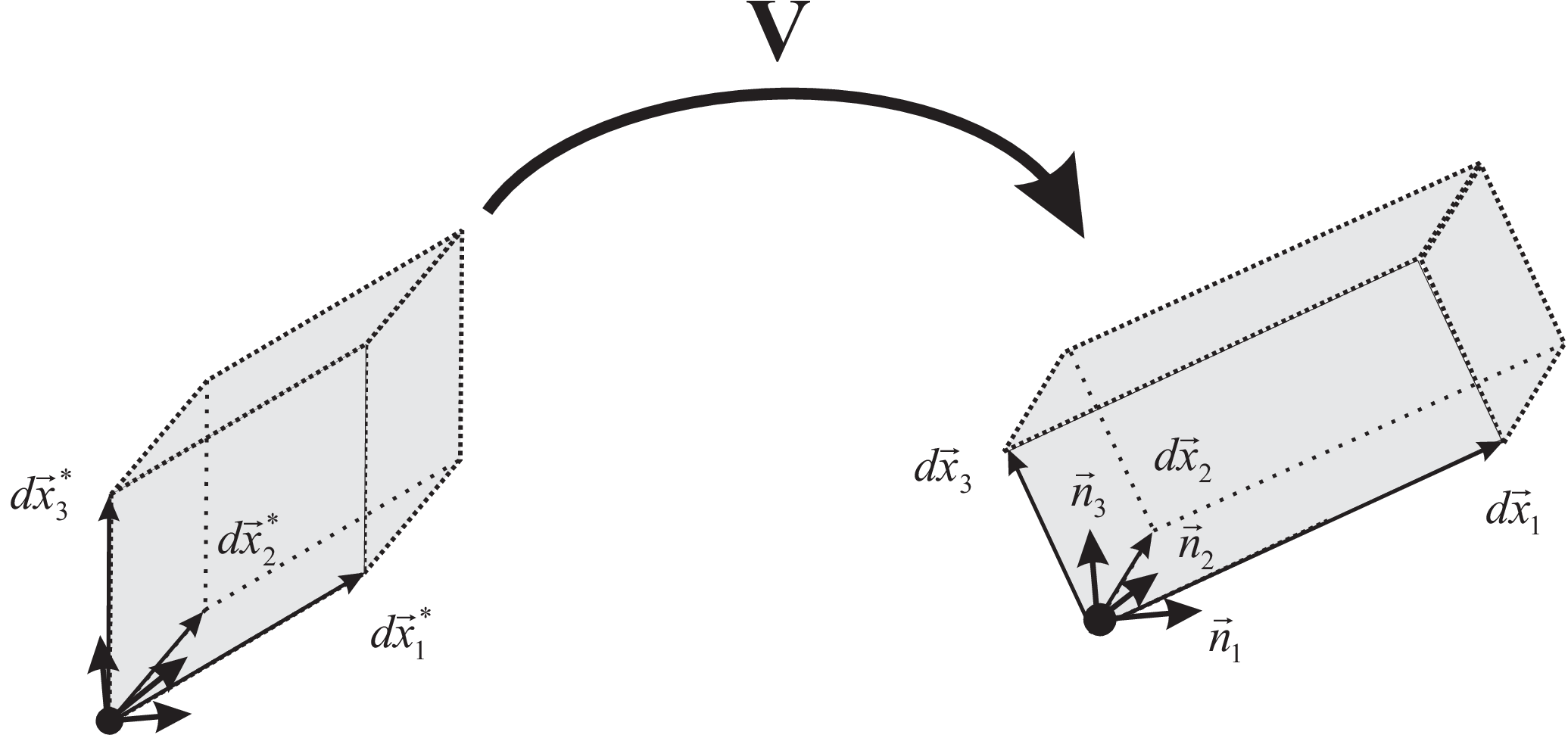 Simultaneous stretch and shear of a arbitrary block, after deformation by \T{V}.